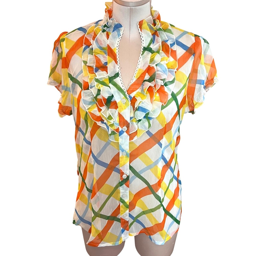 Dots Womens Y2K Plaid Ruffle Chiffon Sheer Multicolor Button Down Short Sleeve L
